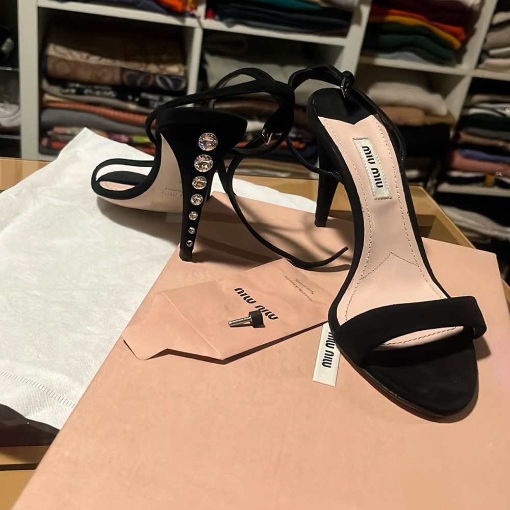 Miu Miu Strapy Heel Sandals with Crsytal Rhinestoned Heels